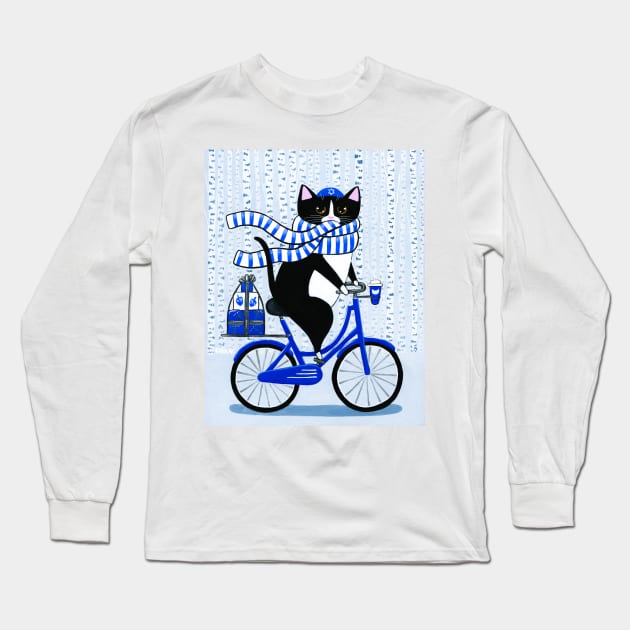 Hanukkah Bicycle Ride Cat Long Sleeve T-Shirt by KilkennyCat Art